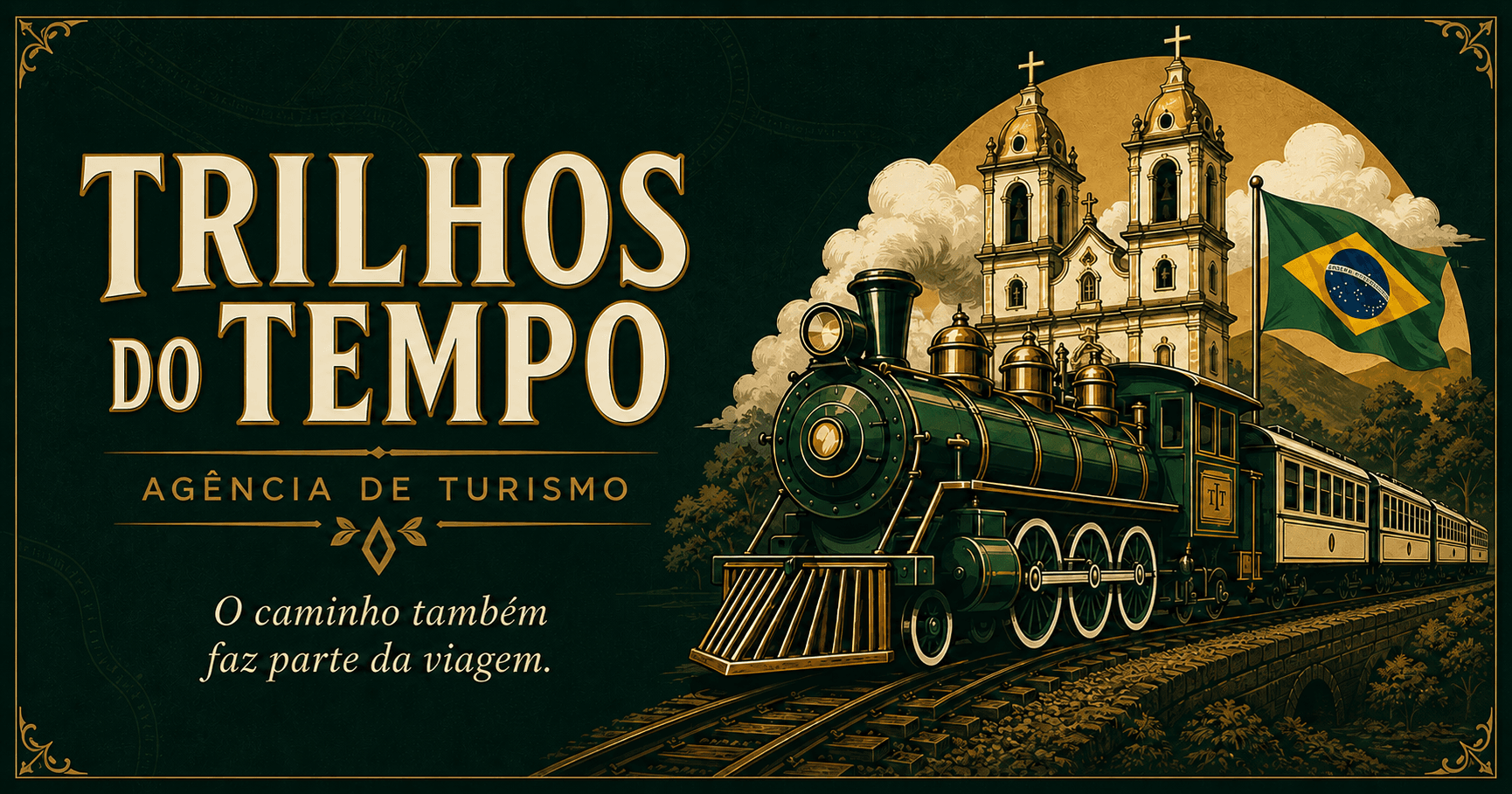 Locomotiva histórica e igreja representando a Trilhos do Tempo